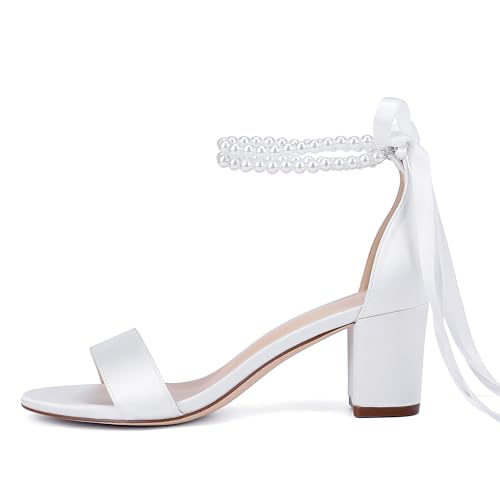 Isobud Women's Open Toe Pearl Wedding Shoes for Bride White Heels with Bow Bridal Shoes Chunky Block Satin Heels Sandals