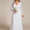 Women's V Neck Long Sleeve Lace Chiffon A Line Floor Length Plus Size Wedding Dress 01925-DA