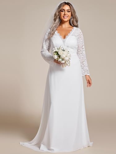 Women's V Neck Long Sleeve Lace Chiffon A Line Floor Length Plus Size Wedding Dress 01925-DA