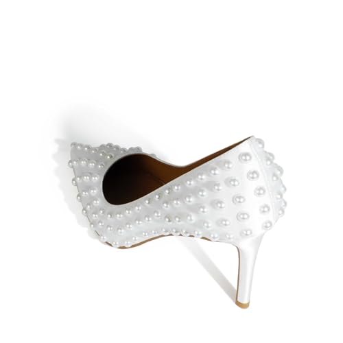 Women Sexy Stiletto High Heel Pumps Chic Pearl Studded Slip-on Shoes Satin Pointed Toe Fashion Dress Pumps Size 5-12 US