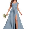 Off The Shoulder Bridesmaid Dresses for Women Long Slit Chiffon Pleated Formal Wedding Guest Dress with Pockets