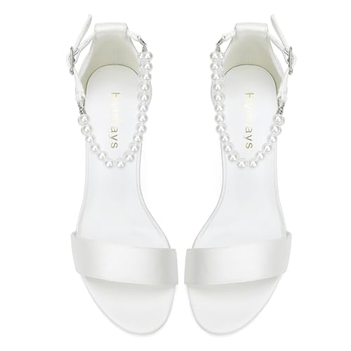 Pearl Wedding Shoes for Bride Satin Block Heels Open Toe Chunky Bridal Shoes Sandals