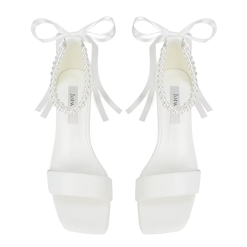 Block Heel Wedding Shoes for Bride Pearl Heels Wedding Sandals Square Open Toe Bridal Shoes