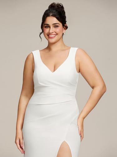 Women's Simple Sleeveless V Neck Bodycon Slit Mermaid Wedding Dresses for Bride Plus Size Bridal Gowns