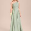 One Shoulder Chiffon Junior Bridesmaid Dresses Long A-Line Pleated Flower Girl Dress for Teen Girls Pageant Dress