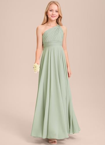 One Shoulder Chiffon Junior Bridesmaid Dresses Long A-Line Pleated Flower Girl Dress for Teen Girls Pageant Dress