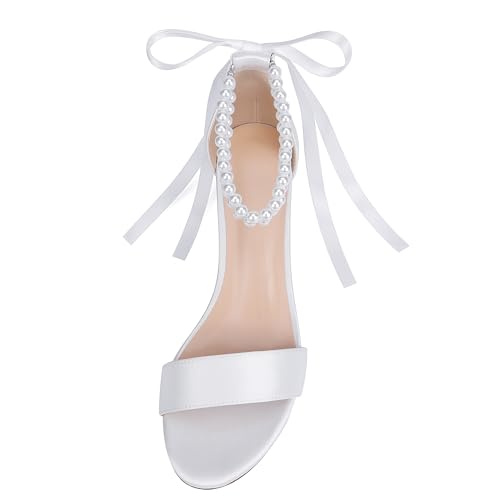 Isobud Women's Open Toe Pearl Wedding Shoes for Bride White Heels with Bow Bridal Shoes Chunky Block Satin Heels Sandals