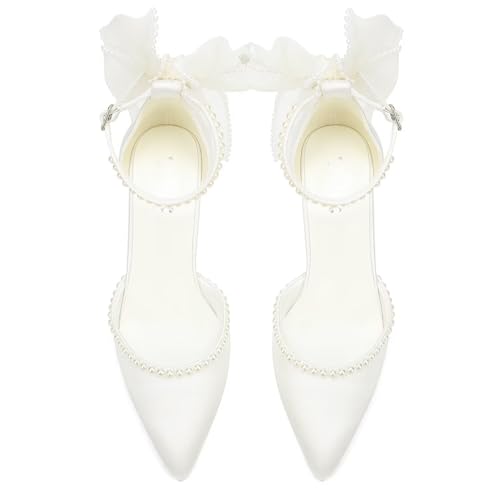 Block Heel Wedding Shoes for Bride Bow Heels Pointed Toe Pearl Bridal Shoes Wedding Heels