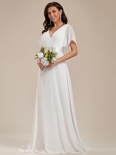 Women's Classic Chiffon Short Sleeve Pleated V-Neck Floor Length Bridesmaid Dresses 09890
