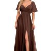 Women's Flutter Sleeves Chiffon Bridesmaid Dresses with Slit Long A Line V-Neck Formal Party Dress with Pockets
