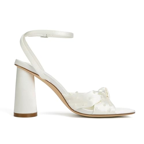 Pearl Wedding Shoes for Bride Block Heel Bridal Shoes Open Toe Wedding Heels Bow Knot Heeled Sandals