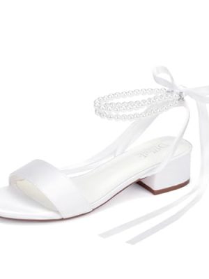 Low Block Heel Wedding Sandals Pearl Wedding Shoes for Bride Open Toe Bridal Shoes