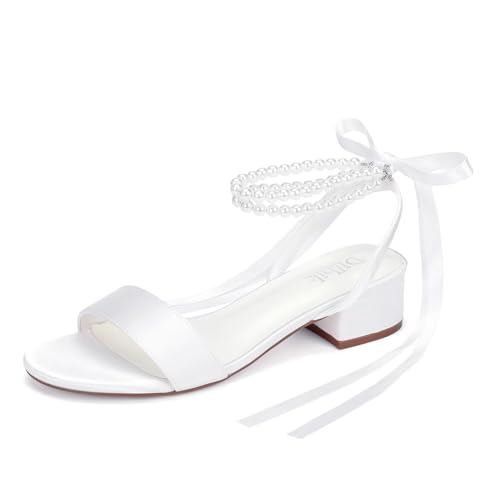 Low Block Heel Wedding Sandals Pearl Wedding Shoes for Bride Open Toe Bridal Shoes