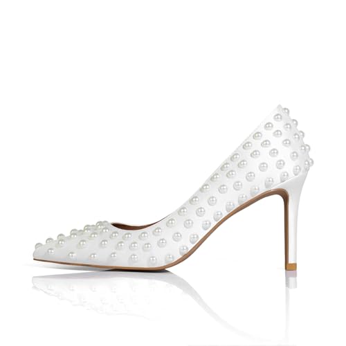 Women Sexy Stiletto High Heel Pumps Chic Pearl Studded Slip-on Shoes Satin Pointed Toe Fashion Dress Pumps Size 5-12 US