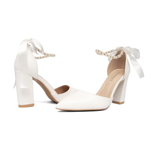 Women's Pearl White Wedding Shoes Bridal White Heels Pointed Toe Dress Prom Banquet Shoes Thick Heel Sandals