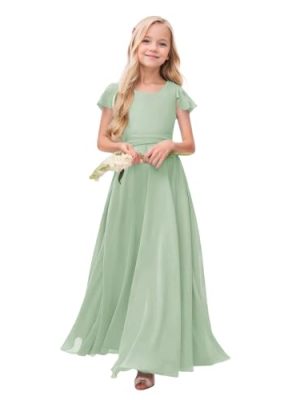Junior Bridesmaid Dresses for Girls Chiffon Maxi Dress Ruffle Sleeves Formal Flower Girl for Wedding Prom Pageant