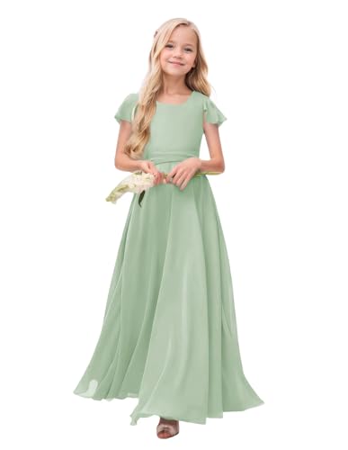 Junior Bridesmaid Dresses for Girls Chiffon Maxi Dress Ruffle Sleeves Formal Flower Girl for Wedding Prom Pageant