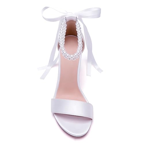 Pearl Wedding Shoes for Bride High Heels Block Heels Bridal Shoes with Bow Women Chunky Heels Sandals