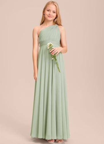 One Shoulder Chiffon Junior Bridesmaid Dresses Long A-Line Pleated Flower Girl Dress for Teen Girls Pageant Dress