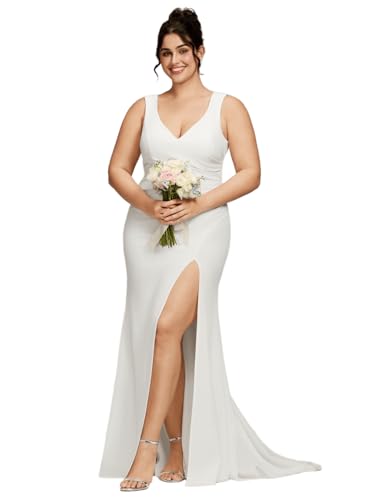 Women's Simple Sleeveless V Neck Bodycon Slit Mermaid Wedding Dresses for Bride Plus Size Bridal Gowns