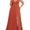 Women's V Neck Sleeveless Side Slit Pleated Plus Size Summer Floor Length Formal Dresses Bridesmaid Gowns