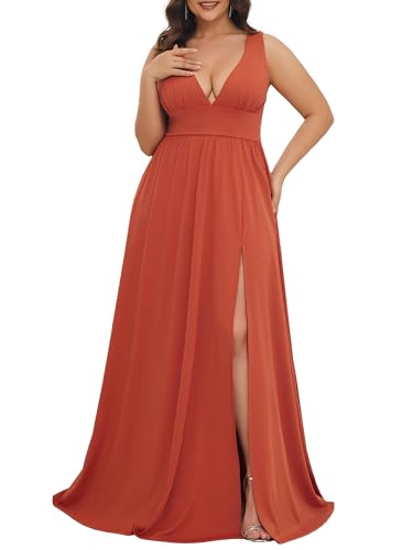Women's V Neck Sleeveless Side Slit Pleated Plus Size Summer Floor Length Formal Dresses Bridesmaid Gowns