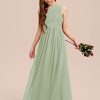 A-line One Shoulder Floor-Length Chiffon Junior Bridesmaid Dress for Wedding Teen Girls Party Gowns