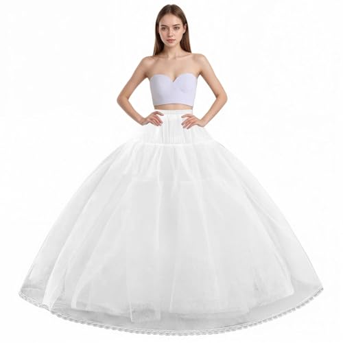 Women's 8 Layer Tulle Hoopless Petticoat Skirt with Lace Trim A-Line Long Crinoline Underskirt Slip for Bridal Ball Gown Wedding