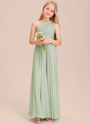 One Shoulder Chiffon Junior Bridesmaid Dresses Long A-Line Pleated Flower Girl Dress for Teen Girls Pageant Dress