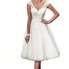 Short Lace Wedding Dresses Knee Length Travel Tulle Rhinestones V-Neck Lace Up Bride Gowns Vintage Dress