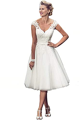 Short Lace Wedding Dresses Knee Length Travel Tulle Rhinestones V-Neck Lace Up Bride Gowns Vintage Dress