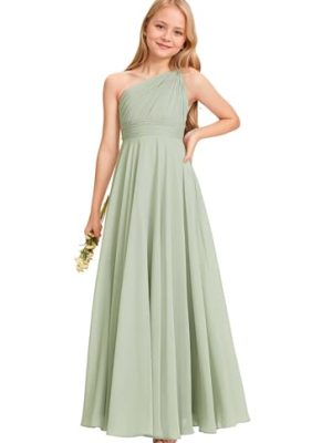 One Shoulder Chiffon Junior Bridesmaid Dresses Long A-Line Pleated Flower Girl Dress for Teen Girls Pageant Dress