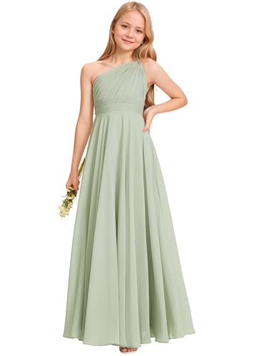 One Shoulder Chiffon Junior Bridesmaid Dresses Long A-Line Pleated Flower Girl Dress for Teen Girls Pageant Dress