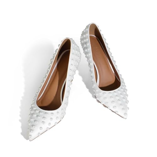 Women Sexy Stiletto High Heel Pumps Chic Pearl Studded Slip-on Shoes Satin Pointed Toe Fashion Dress Pumps Size 5-12 US