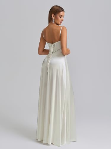 Satin Maxi Dress Spaghetti Strap Lace Up Long Formal Dresses for Women Wedding Guest Cocktail Evening Prom