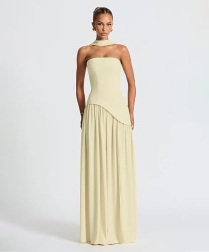 Women Strapless Patchwork Maxi Dress Sexy High Slit Tube Top Party Club with Scarf Long Prom Wedding Guest Dresses