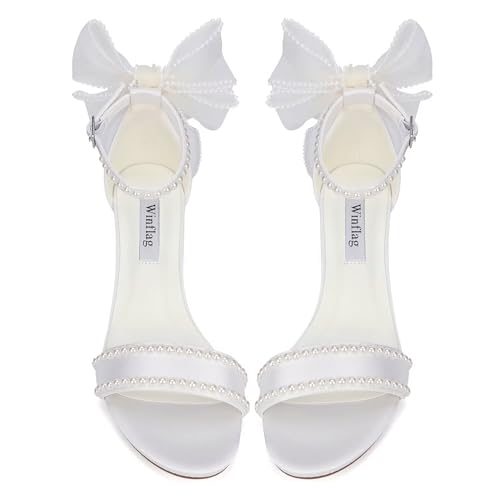 Bow Heels Pearl Wedding Shoes for Bride Low Block Heel Wedding Sandals Open Toe Bridal Shoes