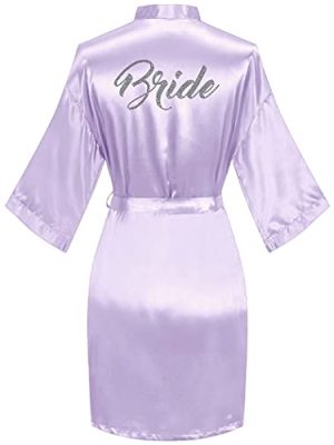 Women's Satin Kimono Robes with Rhinestones Bride Bridesmaid Short Getting Ready Wedding Dressing Gown