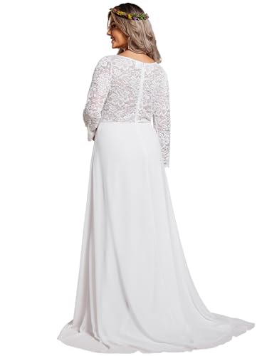 Women's V Neck Long Sleeve Lace Chiffon A Line Floor Length Plus Size Wedding Dress 01925-DA