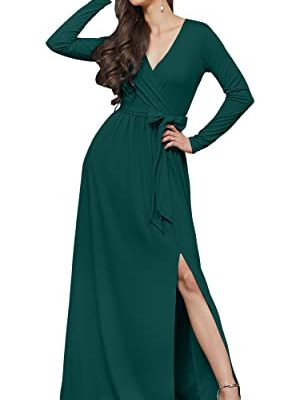 Womens Long Sleeve V-Neck High Slit Cocktail Evening Gown Maxi Dress