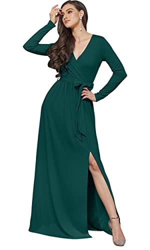 Womens Long Sleeve V-Neck High Slit Cocktail Evening Gown Maxi Dress