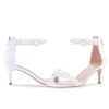 Women's Pearl Low Kitten Heel Ankle Strap Heeled Sandals Open Toe Wedding Bride Dress Shoes
