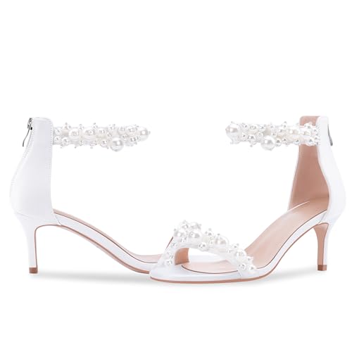 Women's Pearl Low Kitten Heel Ankle Strap Heeled Sandals Open Toe Wedding Bride Dress Shoes