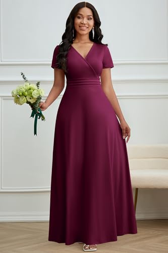 Maxi Dress for Women Long Formal Short Sleeve A Line V Neck Dresses Wedding Guest High Waist Elegant