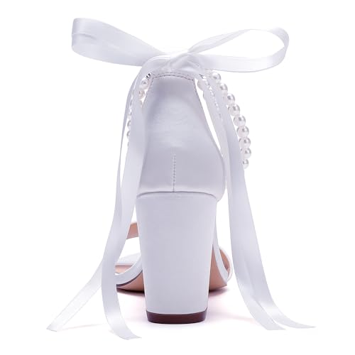 Pearl Wedding Shoes for Bride High Heels Block Heels Bridal Shoes with Bow Women Chunky Heels Sandals