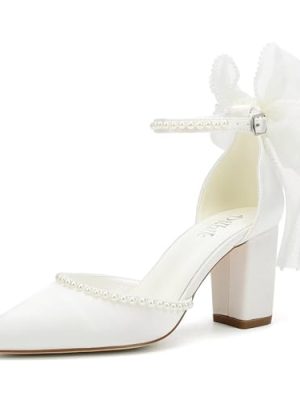 Block Heel Wedding Shoes for Bride Bow Heels Pointed Toe Pearl Bridal Shoes Wedding Heels