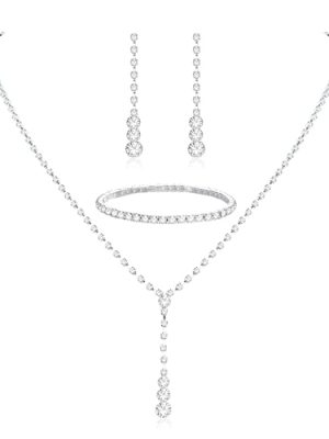 Silver Bridal Jewelry Set Rhinestone Necklace Bracelet Dangle Earrings for Bride Bridesmaid Teardrop Pendant Crystal Wedding