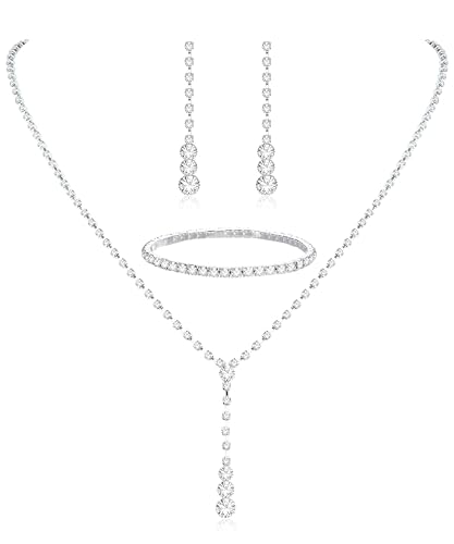 Silver Bridal Jewelry Set Rhinestone Necklace Bracelet Dangle Earrings for Bride Bridesmaid Teardrop Pendant Crystal Wedding