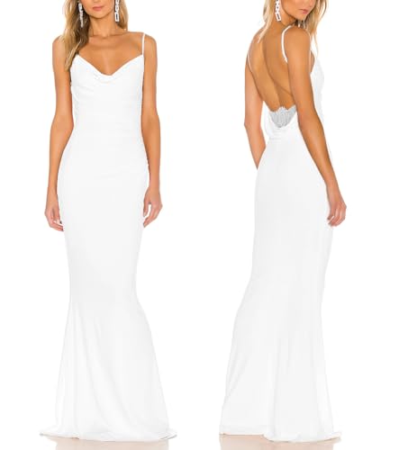 Women Spaghetti Straps Mermaid Evening Gown Wedding Guest Dress Drape Neck Lace Backless Formal Maxi Dress 21