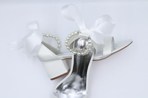 Women's Low Block Heel Sandals Chunky Ankle Strap Pearl Wedding Dress Shoes Low Heel Comfortable Pump Sandals